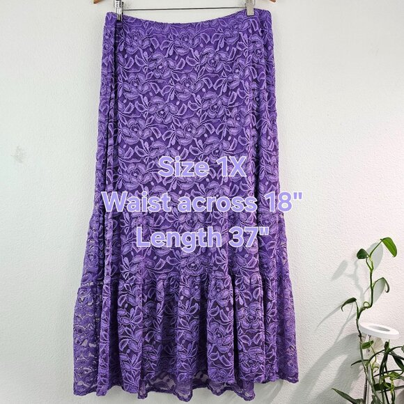 Y2K Lilac Fairy Roses Floral Lace Sheer Midi Skirt Sz 1X Lined Whimsigoth EUC - Picture 4 of 8